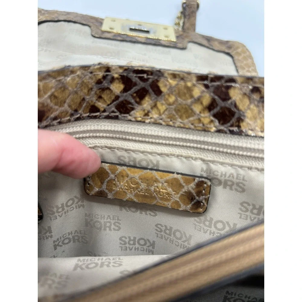 MICHAEL KORS Selma Python Embossed‎ Leather Studded Shoulder Bag Gold Chain Flap